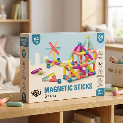 Set de Bastones Magnéticos 3D "Creative-Pads" (64 Piezas Pastel) - ¡El Regalo Educativo del Día del Niño! - Mundo QZ